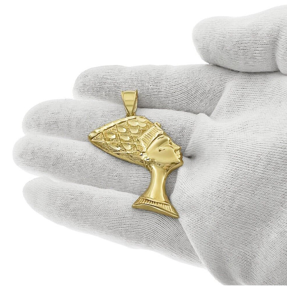 Egyptian Queen Nefertiti Pendant 10k Yellow Gold Mens Charm 2.1" - Picture 3 of 4